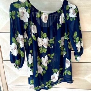 DNA Couture semi sheer/ off shoulder Floral Blouse w/t Bow accent on back small